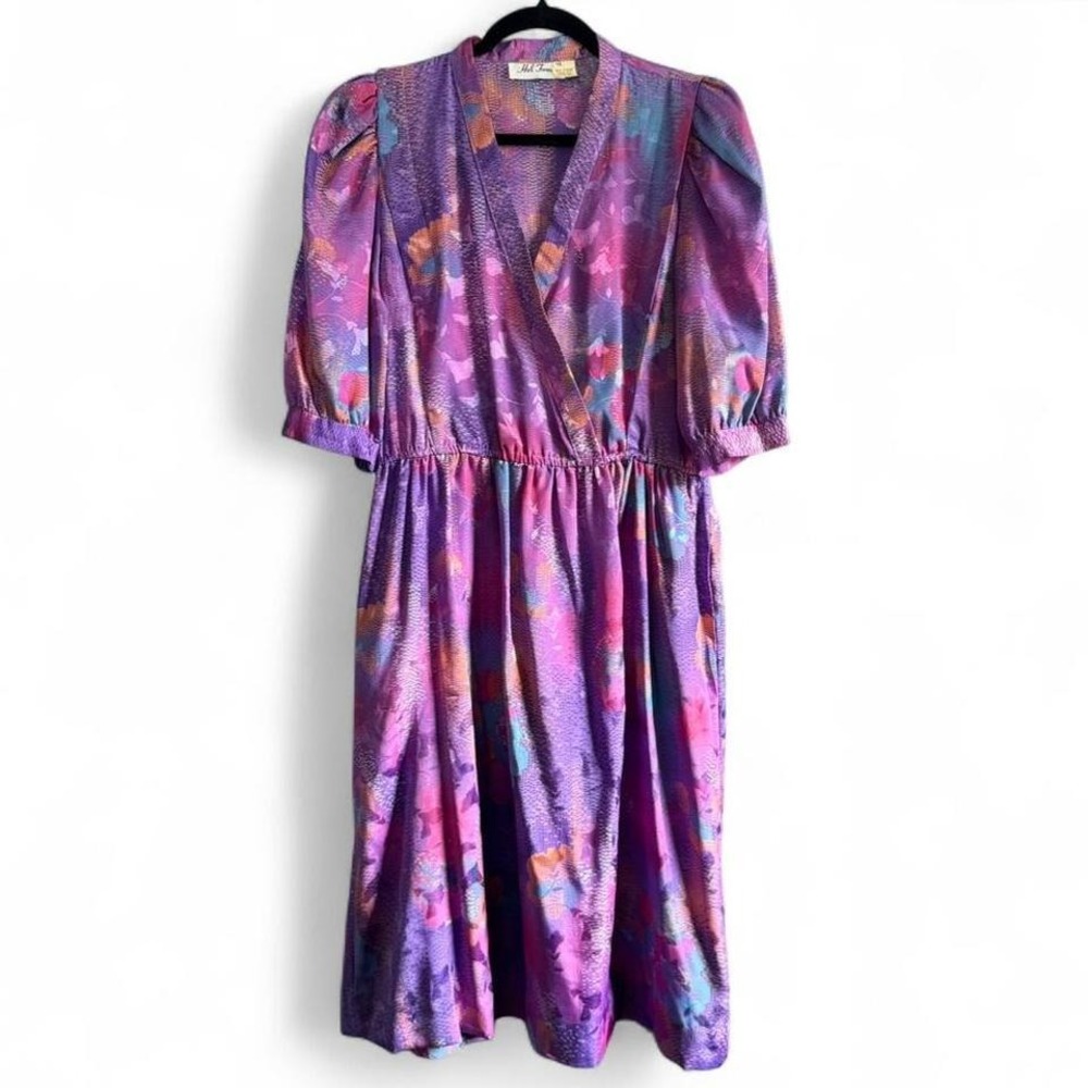 Vintage 1980s‎ Hal Ferman Dress Women's Size 10 Purple Retro V Neck Colorful